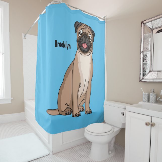 Funny happy pug dog cartoon illustration shower curtain (In Situ)