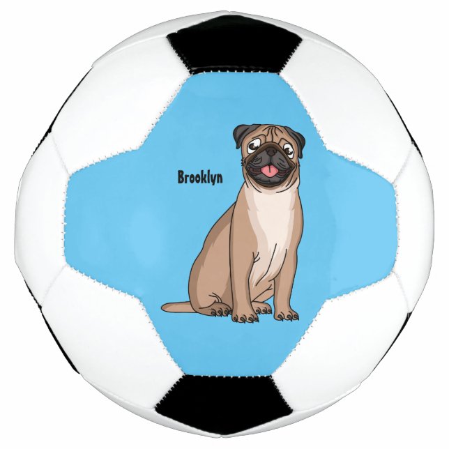 Funny happy pug dog cartoon illustration soccer ball (Front)