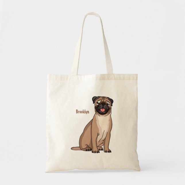 Funny happy pug dog cartoon illustration tote bag (Front)