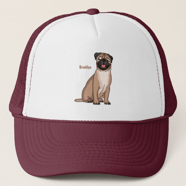 Funny happy pug dog cartoon illustration trucker hat (Front)