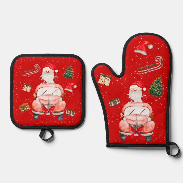Funny Happy Santa Christmas cartoon Oven Mitt & Pot Holder Set (Front)