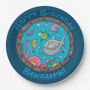 Funny happy sea creatures underwater cartoon paper plate