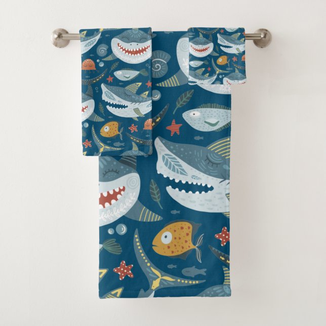Funny Happy Shark Blue Ocean Animal Pattern Bath Towel Set (Insitu)