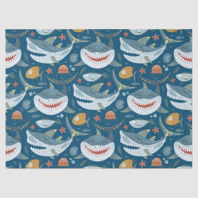 Funny Happy Shark Blue Ocean Animal Pattern Tissue Paper (Front)
