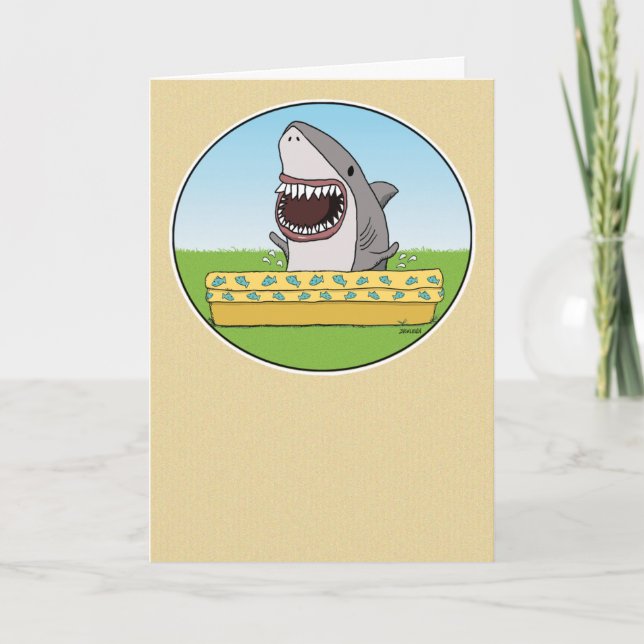 Funny Happy Shark Peeing in Pool Birthday Card (Front)