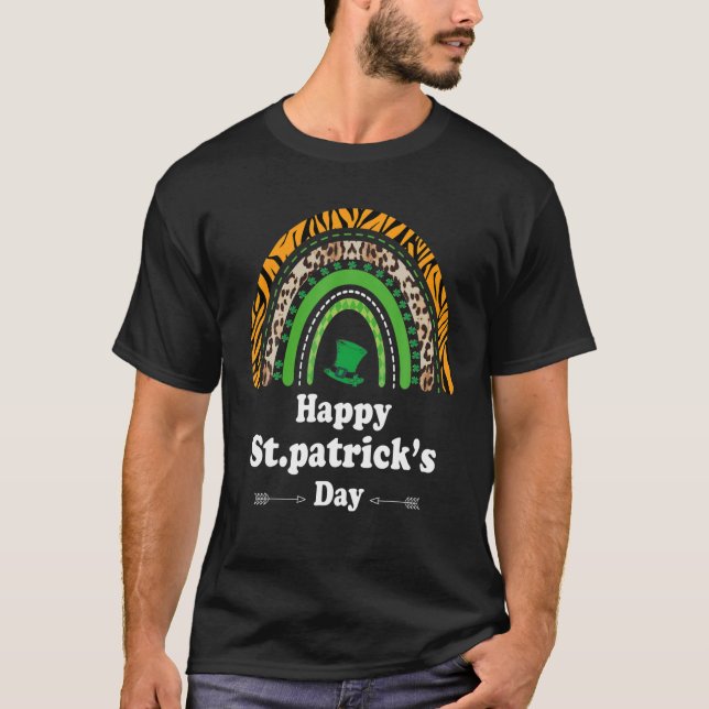 Funny Happy St Patrick's Day Cool Rainbow Leopard T-Shirt (Front)