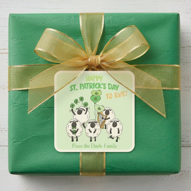 Funny Happy St Patrick's Day to Ewe Irish Sheep Square Sticker (Whimsical Happy St Patrick's Day to Ewe Irish Kids Stickers. Cute Sheep & Lucky Shamrock Balloons)