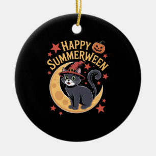 Funny Happy Summerween Black Cat Ceramic Ornament