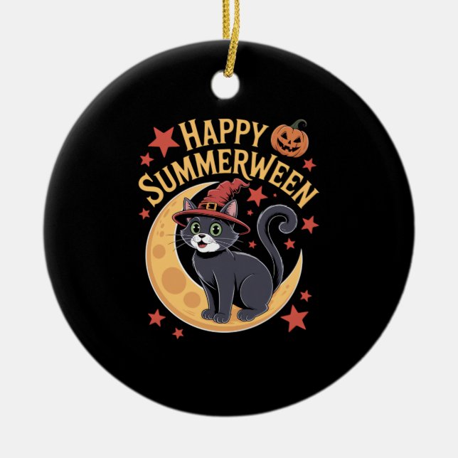 Funny Happy Summerween Black Cat Ceramic Ornament (Front)