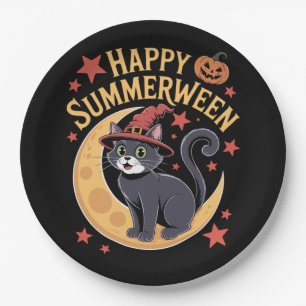 Funny Happy Summerween Black Cat Paper Plate