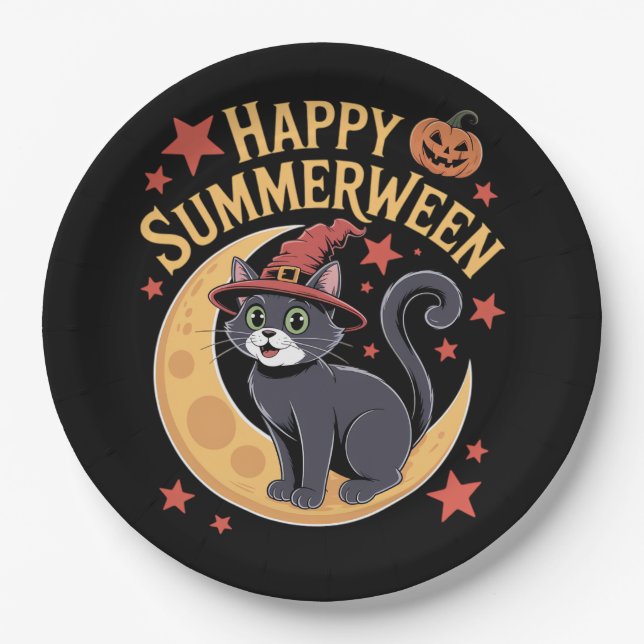 Funny Happy Summerween Black Cat Paper Plate (Front)