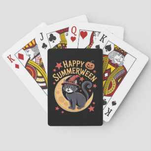 Funny Happy Summerween Black Cat Playing Cards