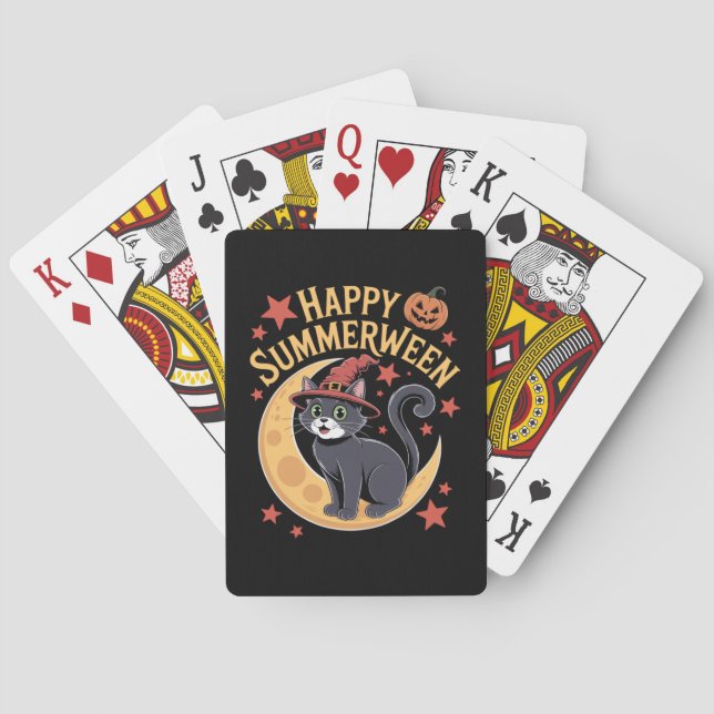 Funny Happy Summerween Black Cat Playing Cards (Back)
