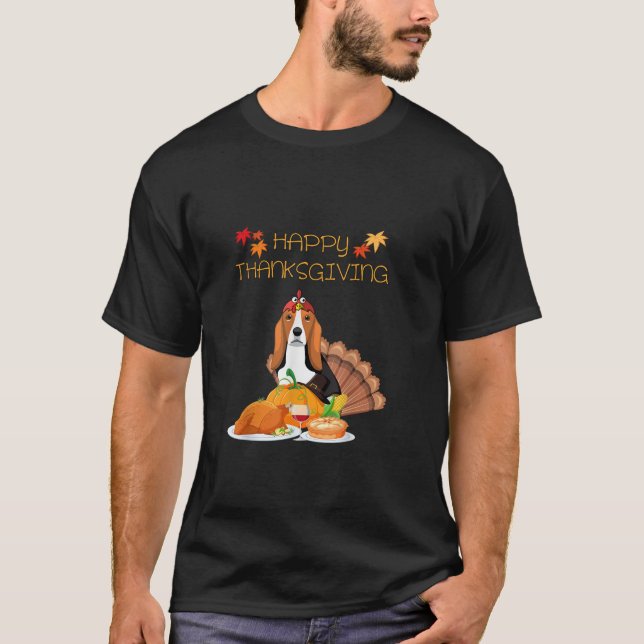 Funny Happy Thanksgiving Basset Hound Dog Turkey L T-Shirt (Front)