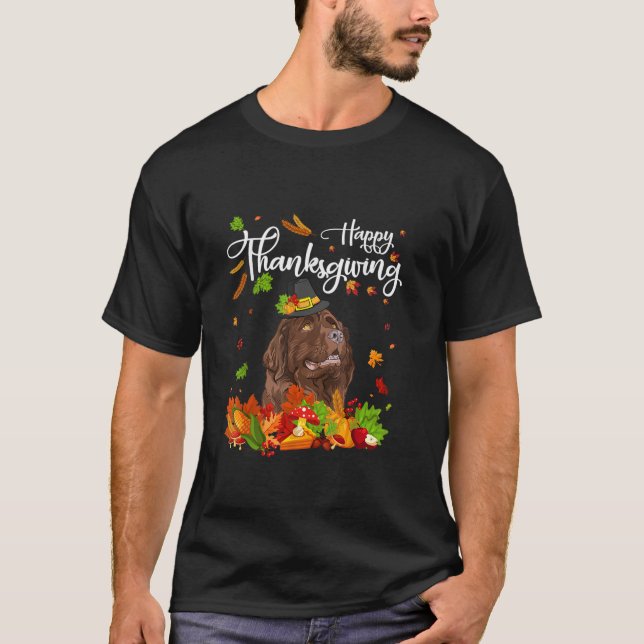 Funny Happy Thanksgiving Newfoundland Dog Turkey L T-Shirt (Front)