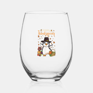 Funny Happy Thanksgiving Penguin Turkey Boys Girls Stemless Wine Glass