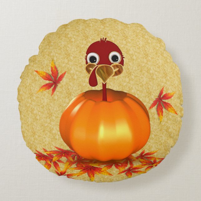 Funny Happy Thanksgiving Turkey in Pumpkin Round Cushion (Front)