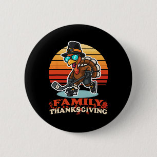 Funny Happy Thanksgiving Turkey Playing Ice Hockey 6 Cm Round Badge