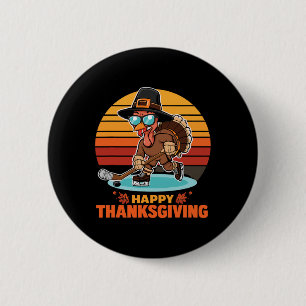 Funny Happy Thanksgiving Turkey Playing Ice Hockey 6 Cm Round Badge