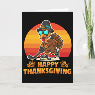 Funny Happy Thanksgiving Turkey Playing Ice Hockey Card