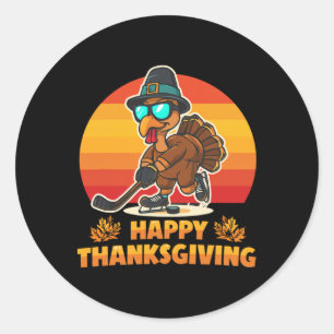 Funny Happy Thanksgiving Turkey Playing Ice Hockey Classic Round Sticker