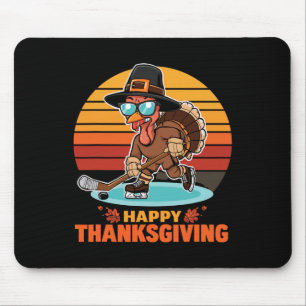 Funny Happy Thanksgiving Turkey Playing Ice Hockey Mouse Pad