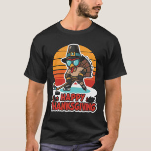 Funny Happy Thanksgiving Turkey Playing Ice Hockey T-Shirt