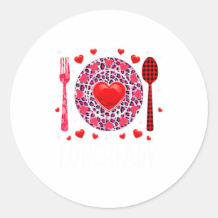 Funny Happy Valentines Day Lunch Lady Leopard Hea  Classic Round Sticker