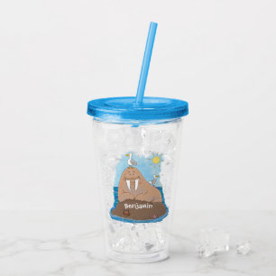 Funny happy walrus cartoon illustration acrylic tumbler