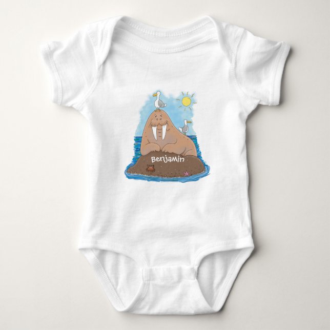 Funny happy walrus cartoon illustration baby bodysuit (Front)