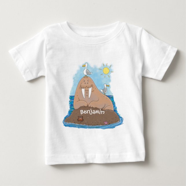 Funny happy walrus cartoon illustration baby T-Shirt (Front)