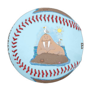 Funny happy walrus cartoon illustration baseball