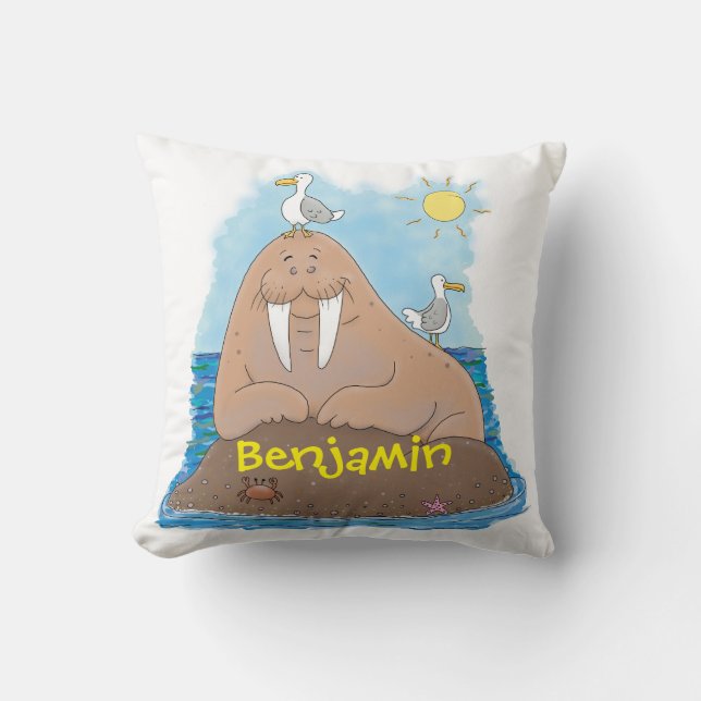 Funny happy walrus cartoon illustration cartoon cushion (Front)