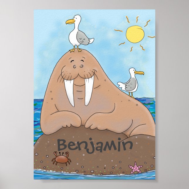 Funny happy walrus cartoon illustration cartoon poster (Front)