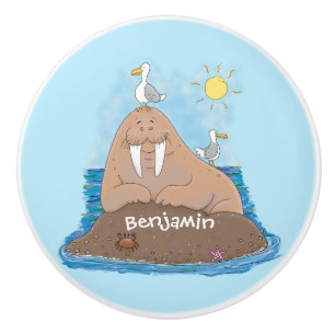 Funny happy walrus cartoon illustration ceramic knob