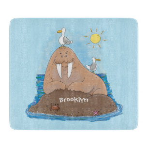 Funny happy walrus cartoon illustration cutting board
