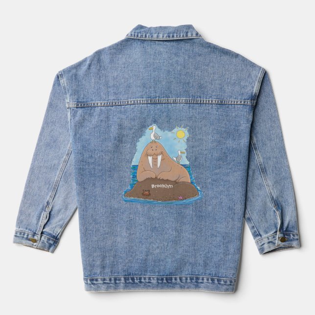 Funny happy walrus cartoon illustration denim jacket (Back)