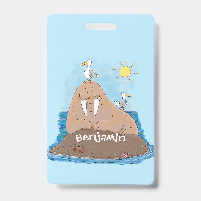 Funny happy walrus cartoon illustration ID badge (Front)