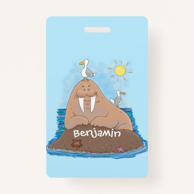 Funny happy walrus cartoon illustration ID badge (Front)