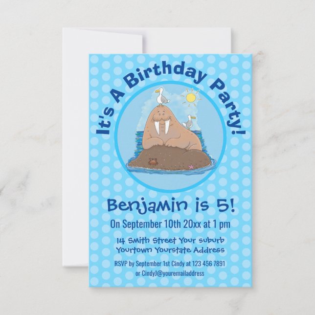 Funny happy walrus cartoon illustration invitation (Front)