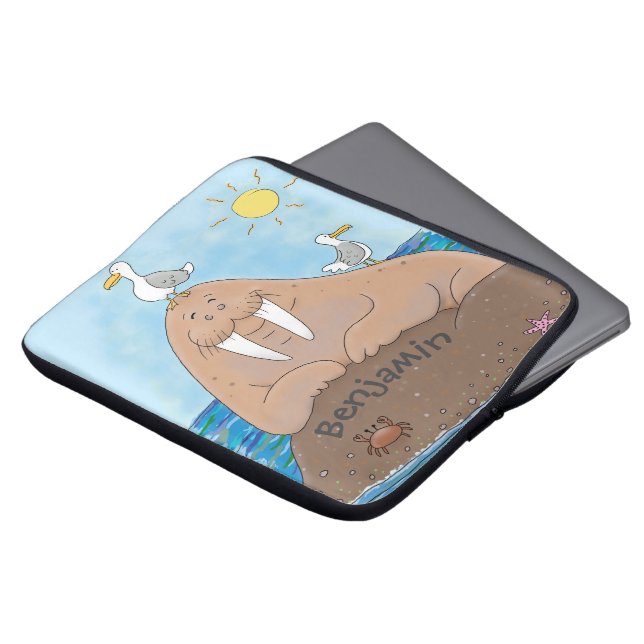 Funny happy walrus cartoon illustration laptop sleeve (Front Top)