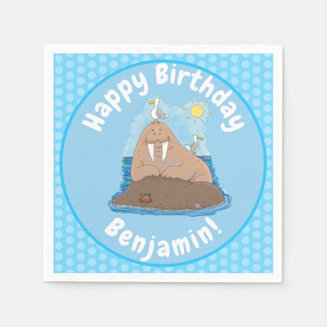 Funny happy walrus cartoon illustration napkin (Front)