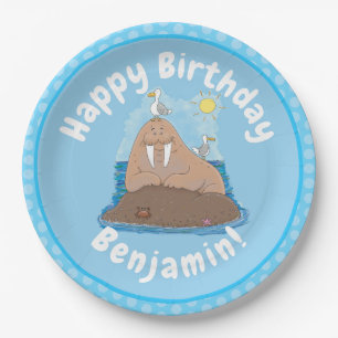 Funny happy walrus cartoon illustration paper plate
