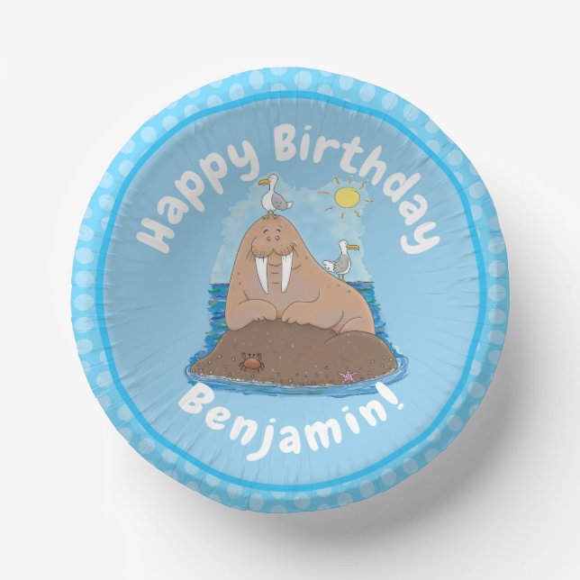 Funny happy walrus cartoon illustration paper plate (Front)