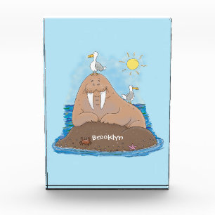 Funny happy walrus cartoon illustration photo block