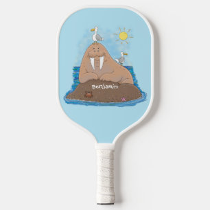 Funny happy walrus cartoon illustration pickleball paddle