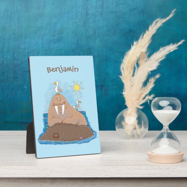 Funny happy walrus cartoon illustration plaque (Side)