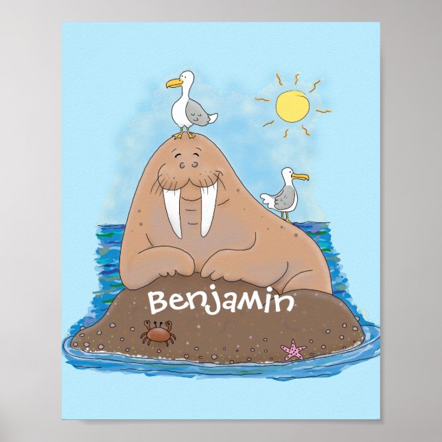 Funny happy walrus cartoon illustration poster (Front)