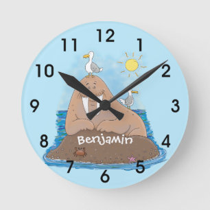 Funny happy walrus cartoon illustration round clock