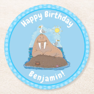 Funny happy walrus cartoon illustration round paper coaster
